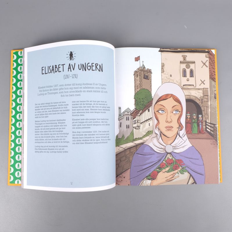 Uppslag med illustration av Elisabet av Ungern