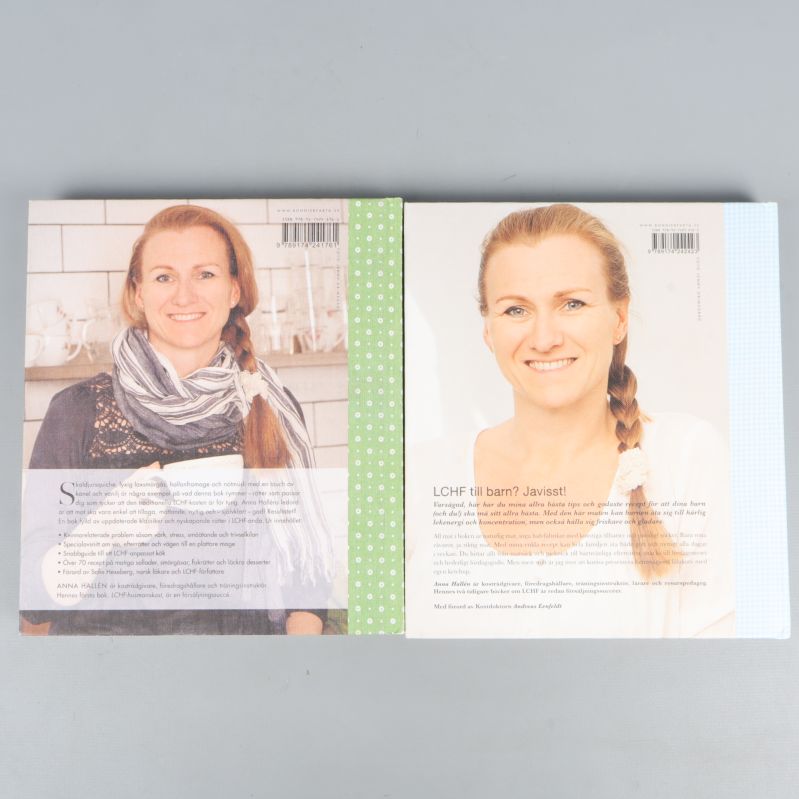 Baksidor av två böcker, med författaren Anna Halléns porträtt