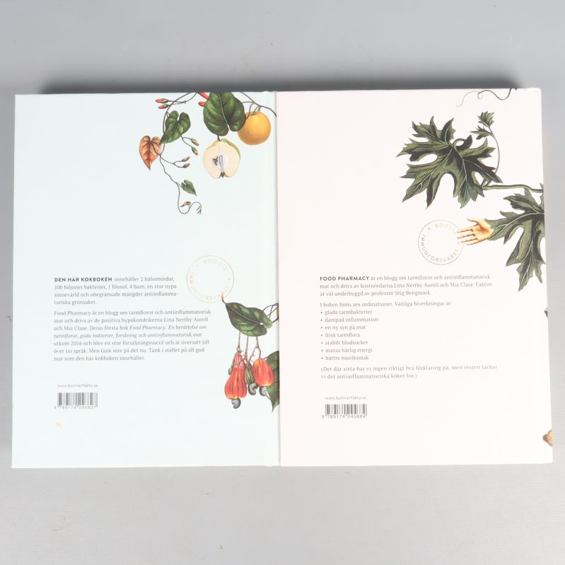 Baksida av Food Pharmacy och kokbok med text