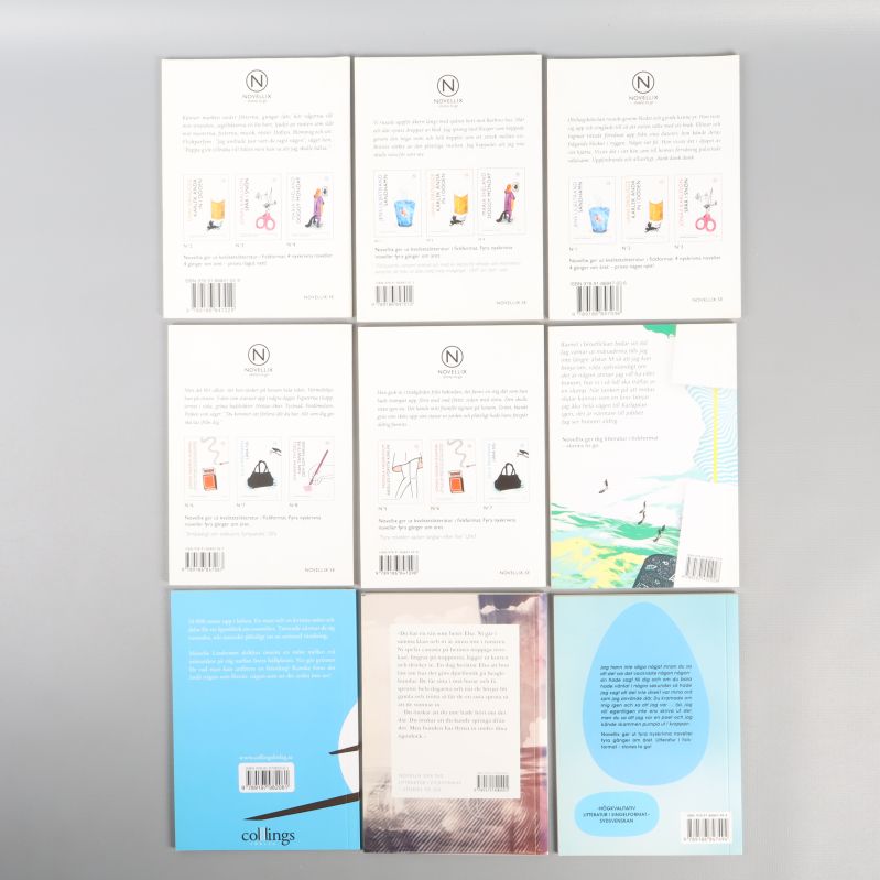 Baksidor av nio noveller med text och ISBN