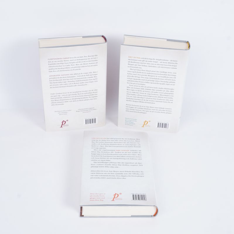 Baksidan av tre böcker av Jojo Moyes med beskrivande text