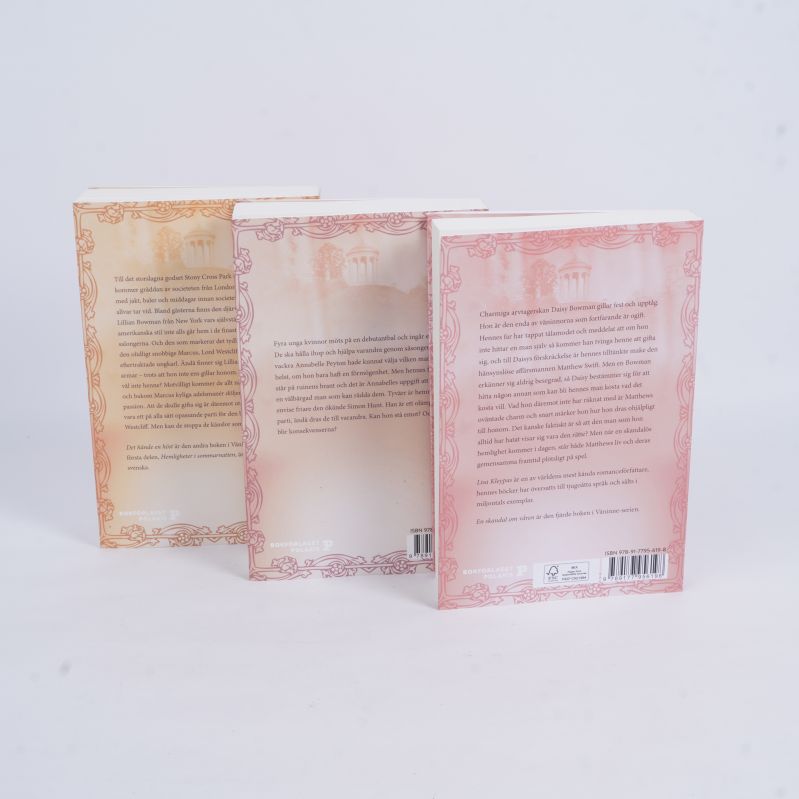Baksidor på de tre böckerna i Väninnor-serien av Lisa Kleypas, text och ISBN synliga