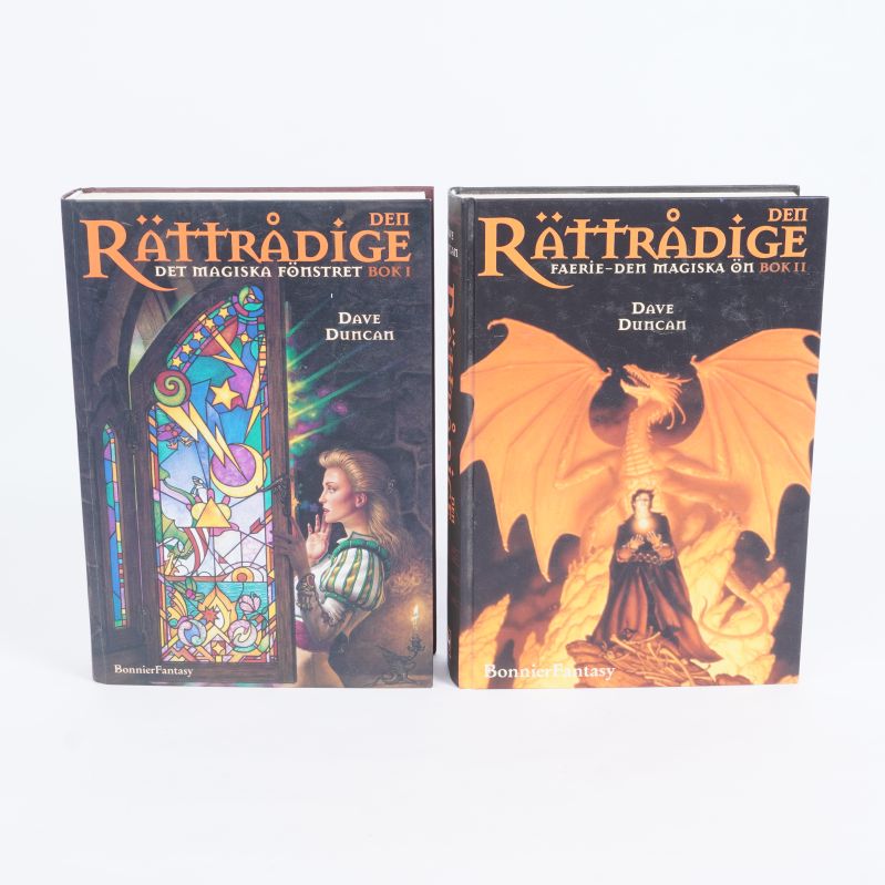 Två böcker av Den Rättrådige med färgstarka fantasyomslag