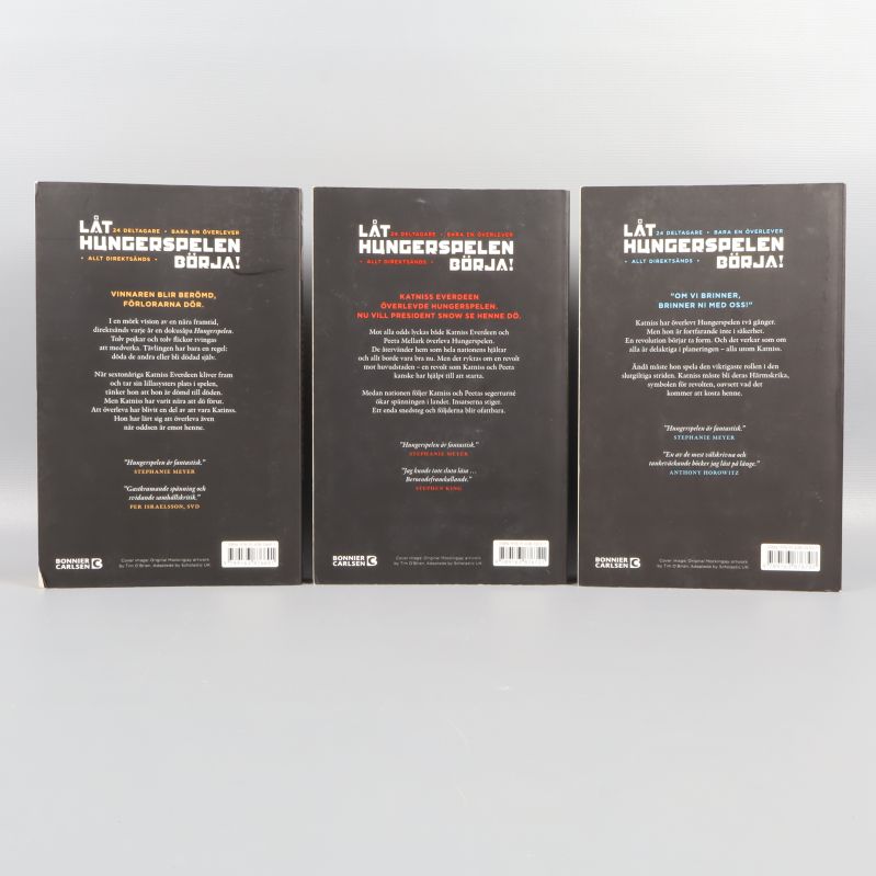 Baksidor av böckerna Hungerspelen, Fatta eld och Revolt med text