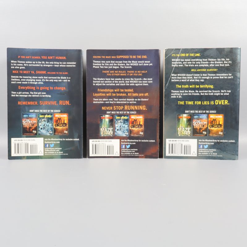 Baksidor på Maze Runner-böcker med korta baksidestexter och ISBN-nummer