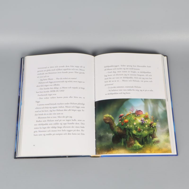 Färgglad illustration med text och sköldpadda i Musse & Helium-bok