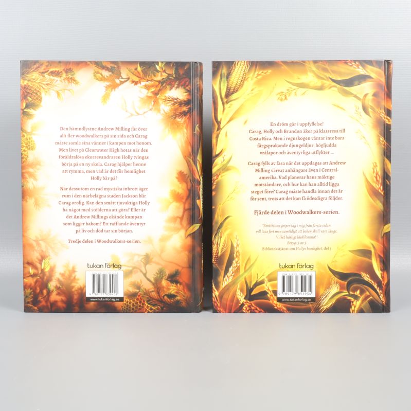 Bakomslagen till två Woodwalkers-böcker med text och illustrationer