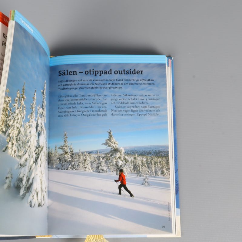 Uppslag med längdskidåkare i vintrigt landskap
