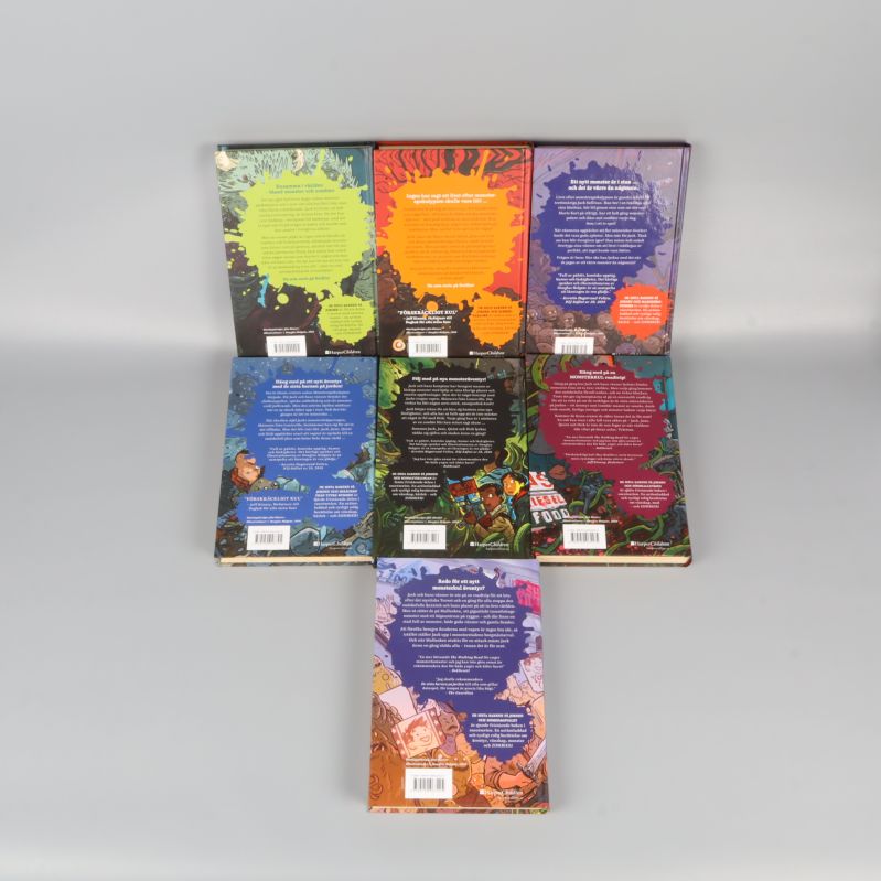 Baksidor på sju böcker från De sista barnen på jorden med olika färger och sammanfattningar