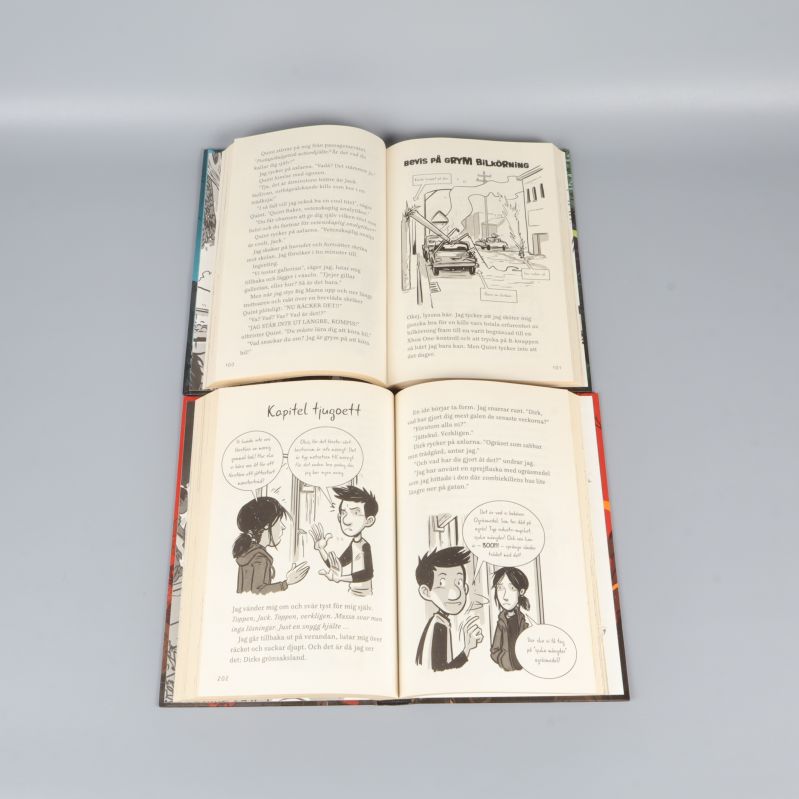 Uppslag ur två av De sista barnen på jorden med text och svartvita illustrationer