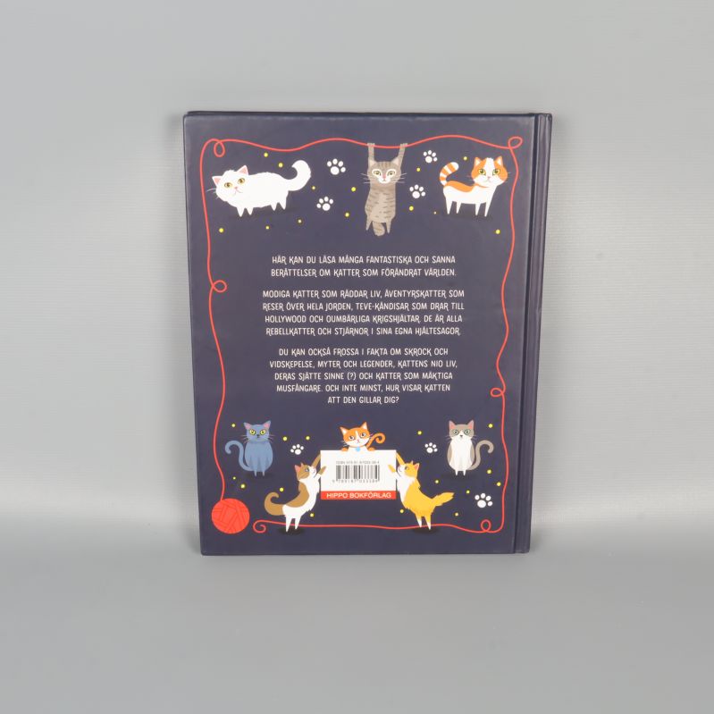 Baksida av barnbok med kattillustrationer och text