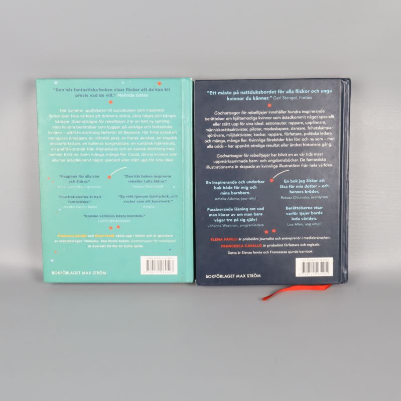 Baksidor med texter och ISBN till Godnattsagor för rebelltjejer 1 och 2