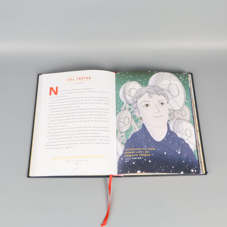 Uppslag med illustration och text om Jill Tarter, astronom