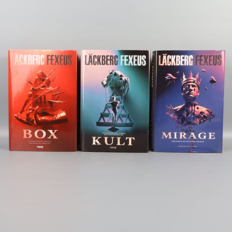 Tre böcker av Läckberg och Fexeus med färgstarka omslag, titlar Box, Kult och Mirage