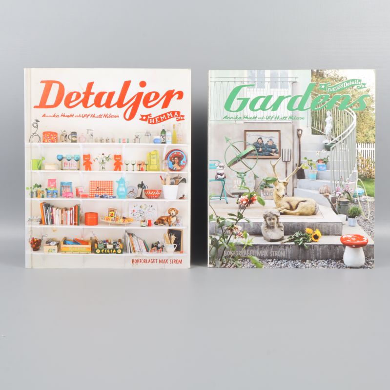 Framsidor av böckerna Detaljer hemma och Gardens bredvid varandra