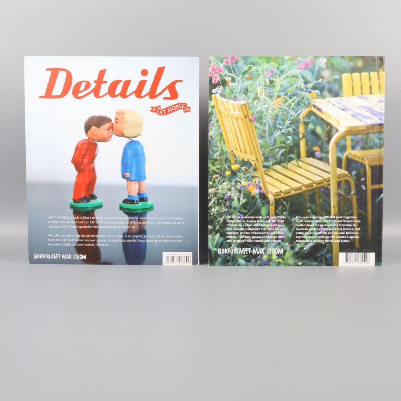 Baksidor av böckerna Detaljer hemma och Gardens visas med text och bilder