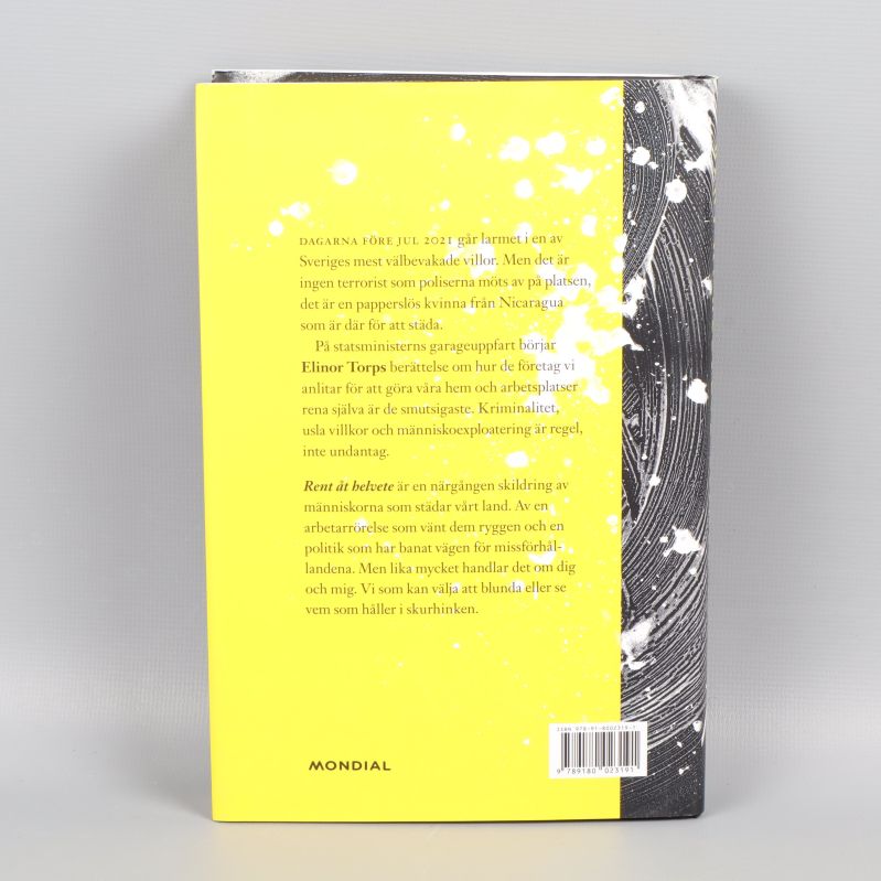 Baksidan av boken Rent åt helvete med sammanfattande text och gul bakgrund