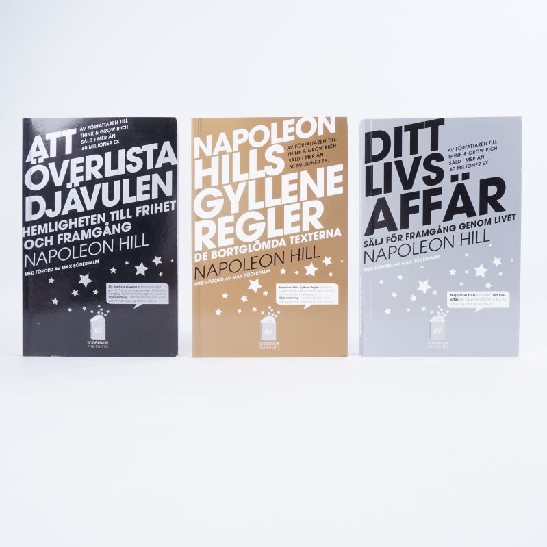 Omslag av tre böcker av Napoleon Hill med titlar synliga