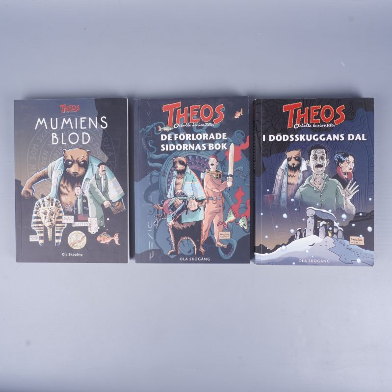 Framsidor på tre böcker i Theos okulta kuriositeter-serien av Ola Skogäng