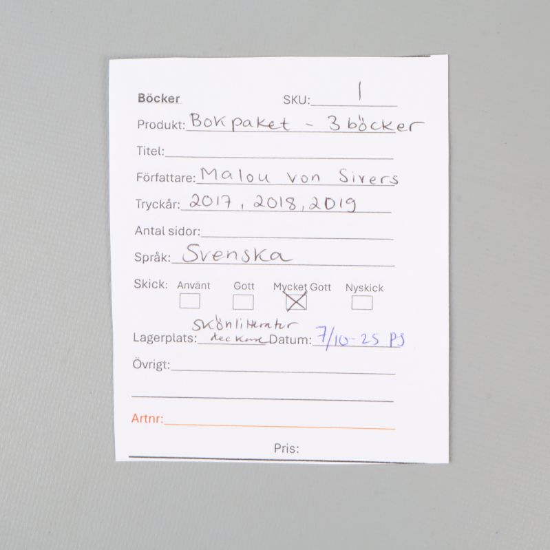 Ifylld produktetikett med info om Malou von Sivers bokpaket
