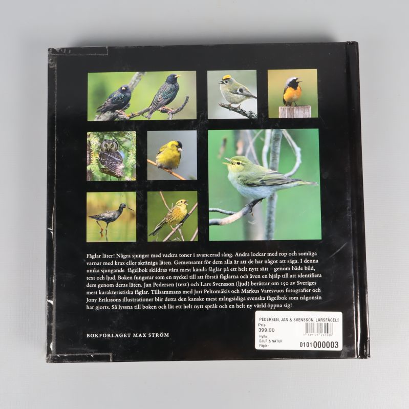 Baksida på boken Fågelsång med flera fågelfoton och textbeskrivning