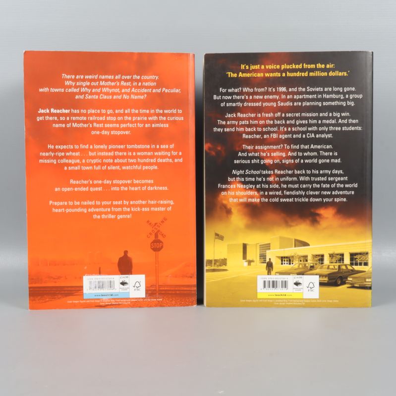 Baksidor av Jack Reacher-böcker med text och ISBN