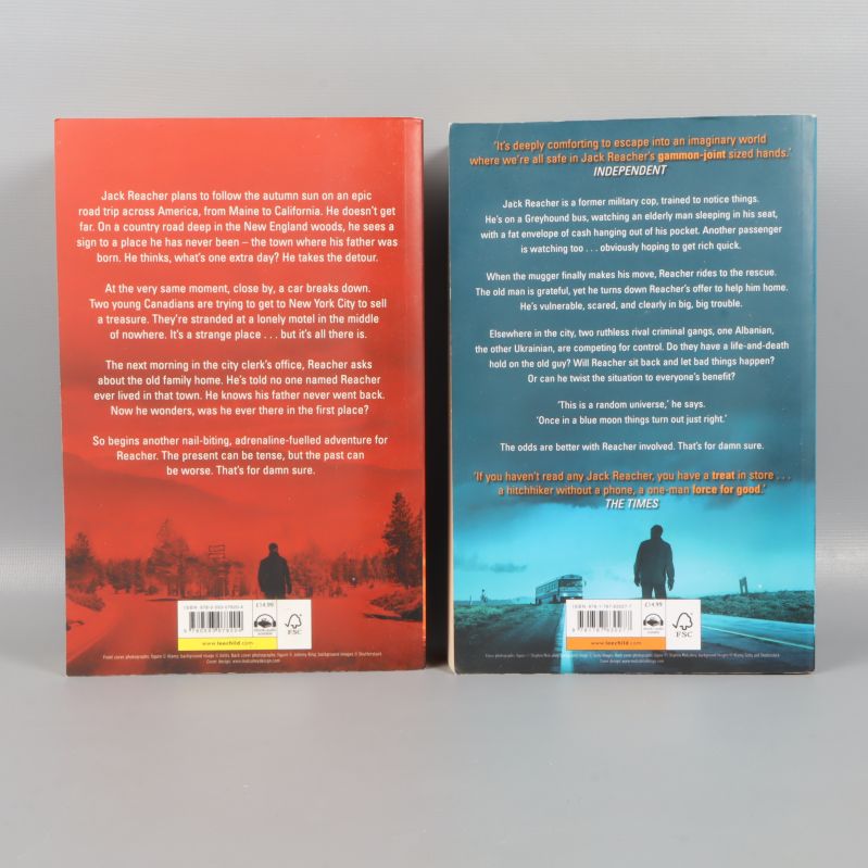 Baksidor av två Jack Reacher-böcker med sammanfattningar och ISBN