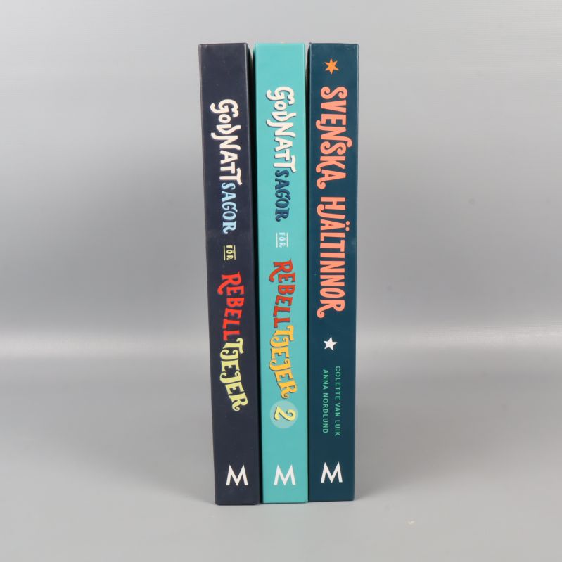 Ryggarna på tre böcker i färg, stående