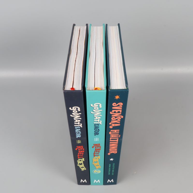 Tre böcker uppifrån med bokryggar och märkband