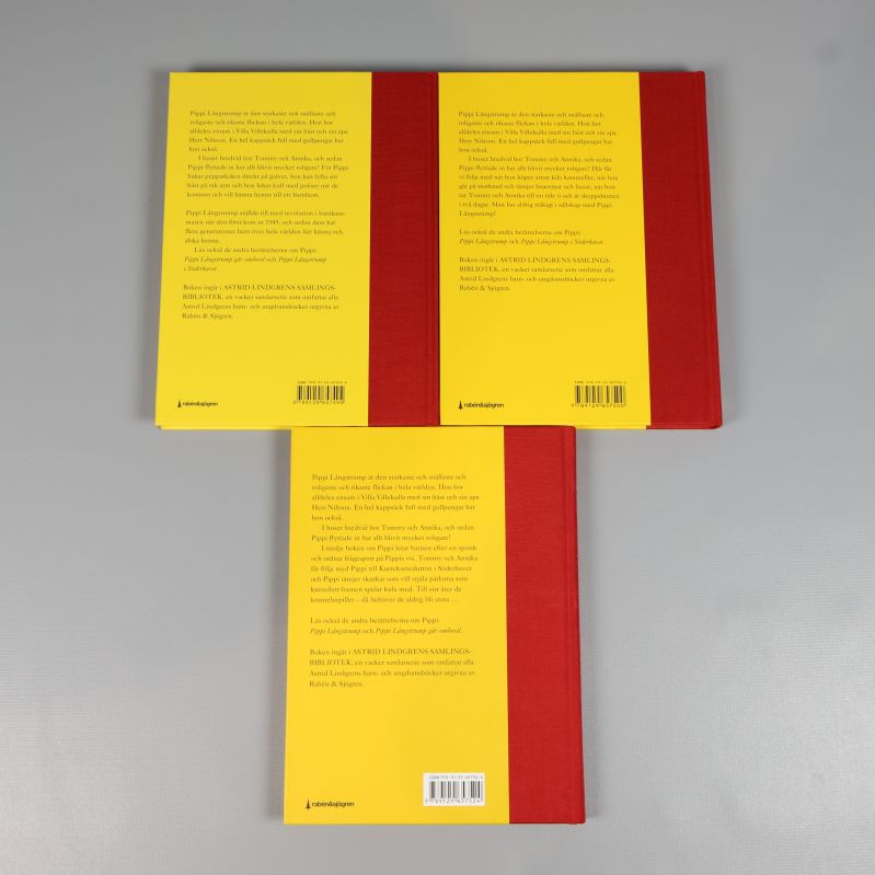 Baksidor av tre Pippi Långstrump-böcker med gul bakgrund och text