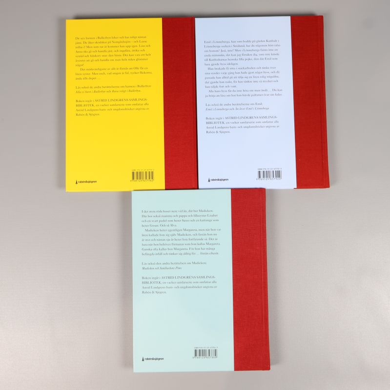 Baksidor av tre Astrid Lindgren-böcker med texter och ISBN-koder