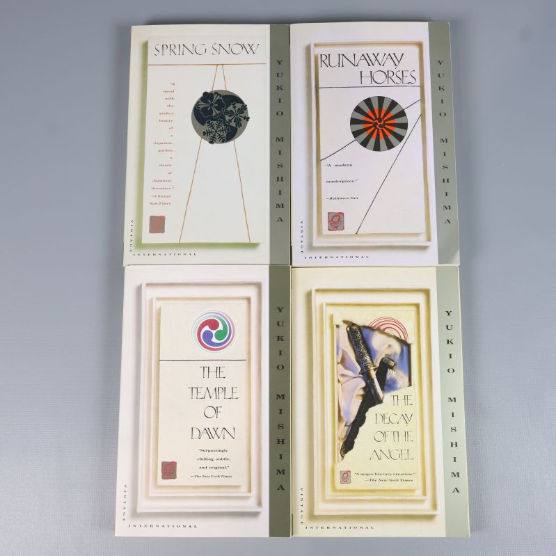 Framsidor av fyra engelskspråkiga böcker: Spring Snow, Runaway Horses, The Temple of Dawn, The Decay of the Angel