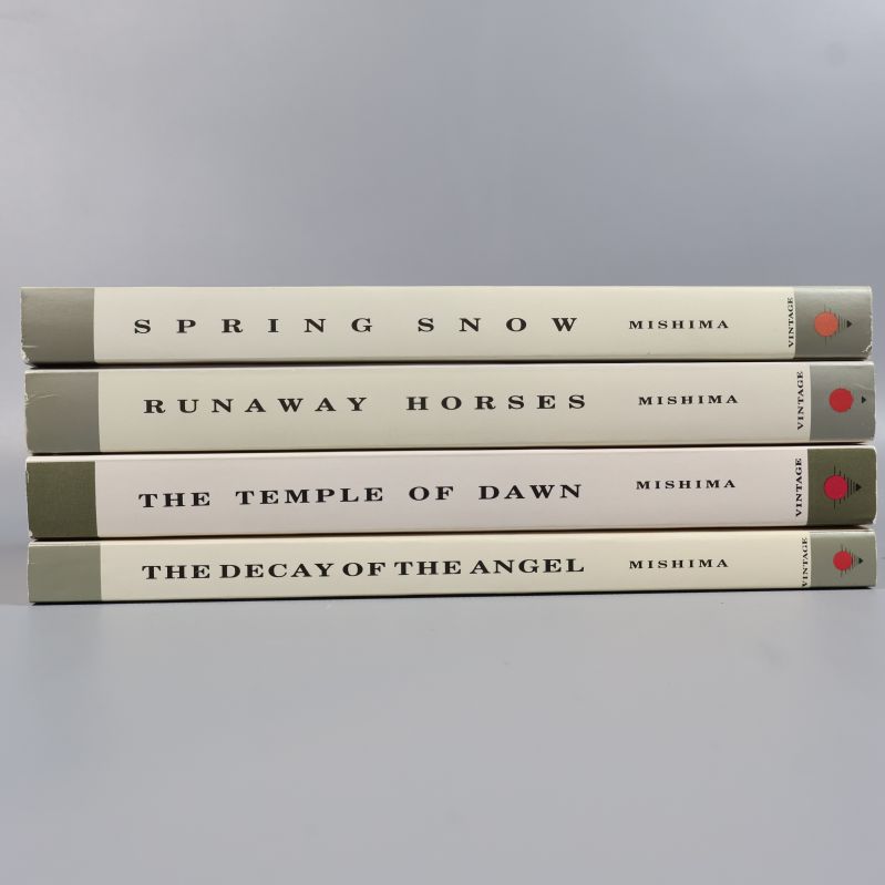 Ryggen på fyra engelska pocketböcker: Spring Snow, Runaway Horses, The Temple of Dawn, The Decay of the Angel