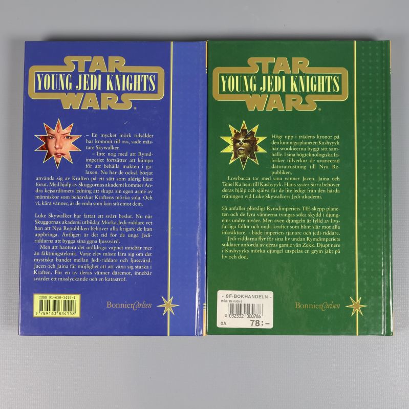 Baksidor av båda Young Jedi Knights-böcker med text och etiketter