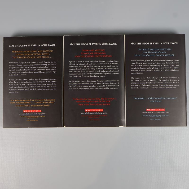 Baksidor av The Hunger Games, Catching Fire och Mockingjay med sammanfattningar