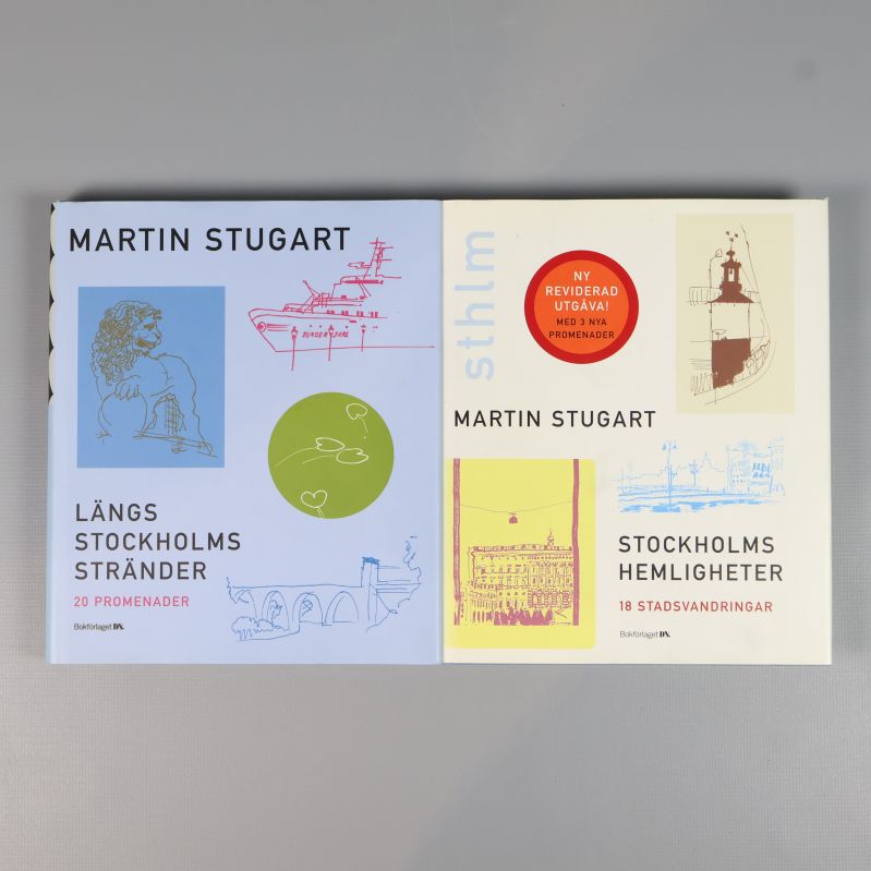 Framsidor av två böcker om Stockholm av Martin Stugart