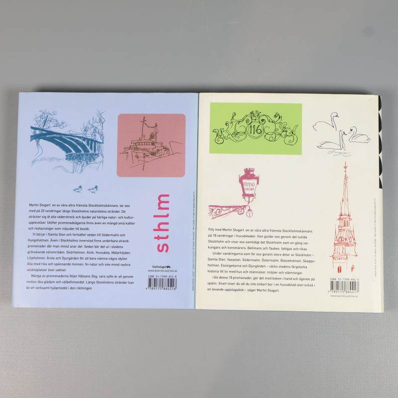 Baksidor av två böcker med illustrationer och beskrivningar