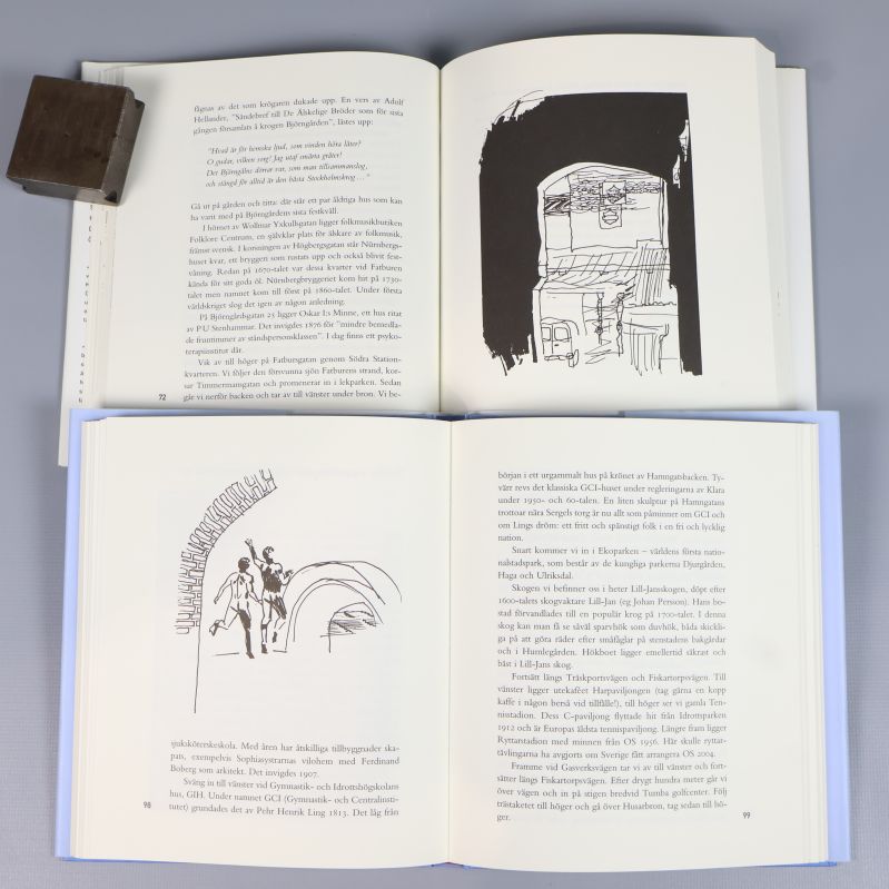 Uppslag ur båda böckerna med illustrationer och text