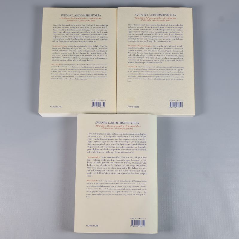 Baksidor på tre delar av Svensk lärdomshistoria med text och ISBN