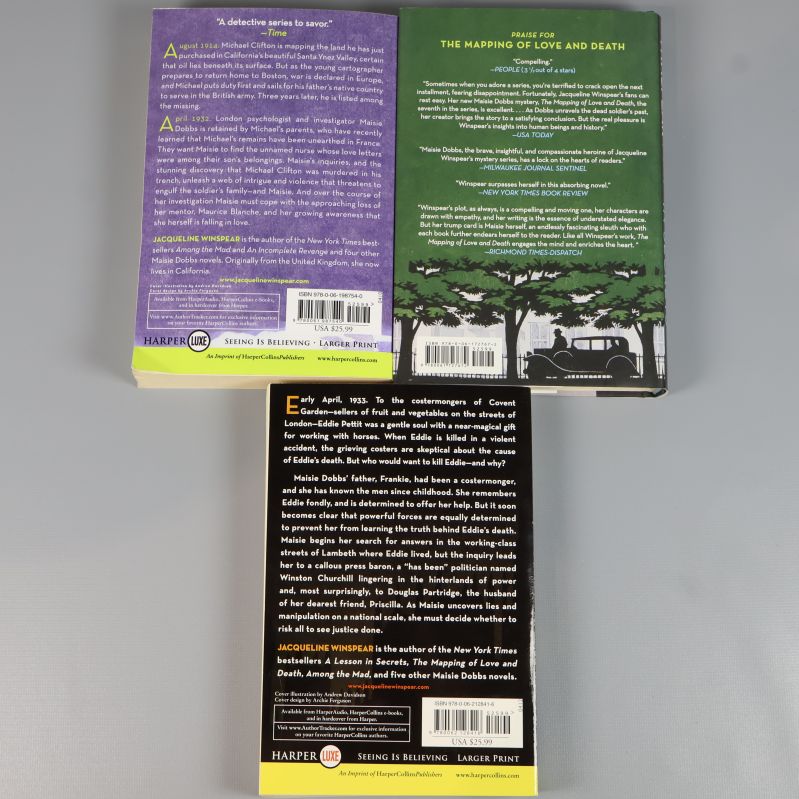 Baksidor och ISBN för tre Maisie Dobbs-böcker av Jacqueline Winspear