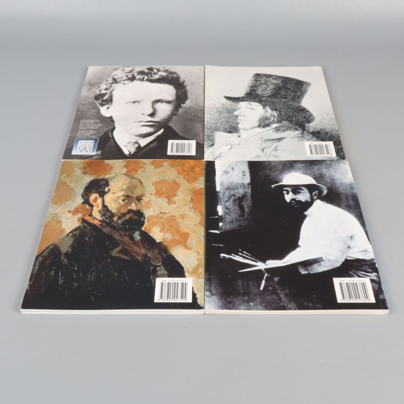 Bakomslag av fyra mini konstguide-böcker med konstnärsporträtt