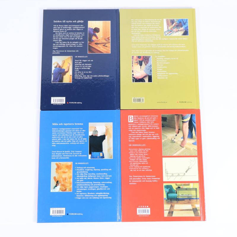 Baksidor på fyra böcker med sammanfattning och ISBN-nummer