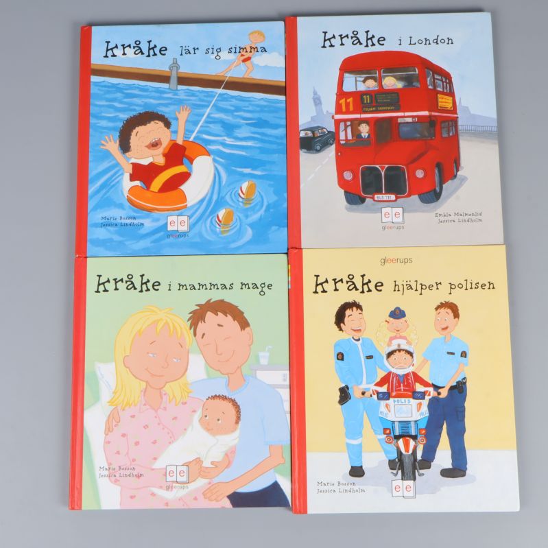 Fyra Kråke-böcker med färgglada omslag i en fyrkant