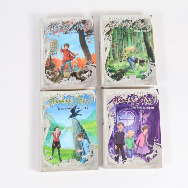 Översiktsbild av bokpaket Magikerns hus 1-4 med färgglada omslag