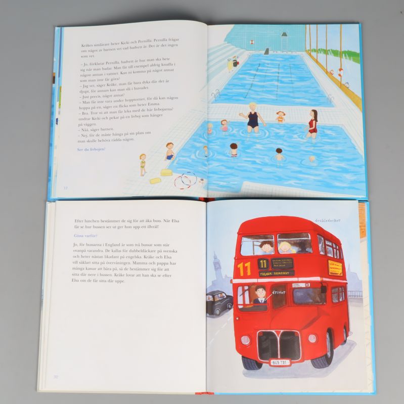 Uppslag ur två olika Kråke-böcker med illustrationer och text