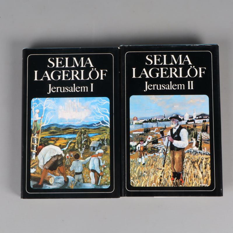Framsidor av böckerna Jerusalem I och II med illustrerade omslag