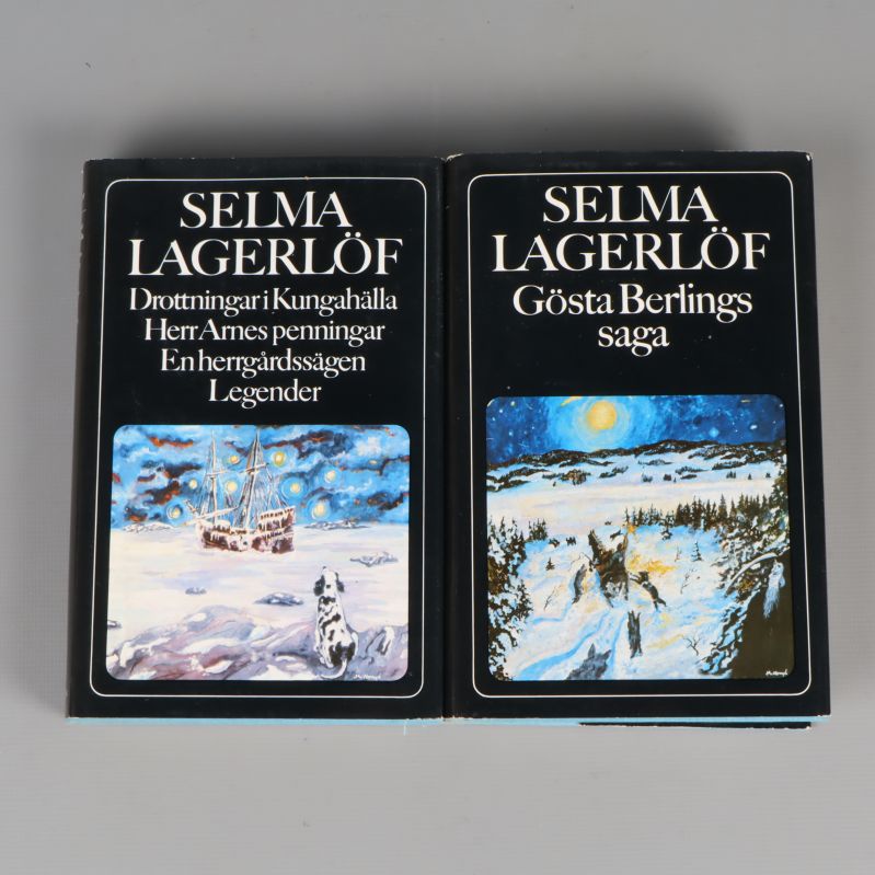 Framsidan på två Selma Lagerlöf-böcker med färgillustrationer