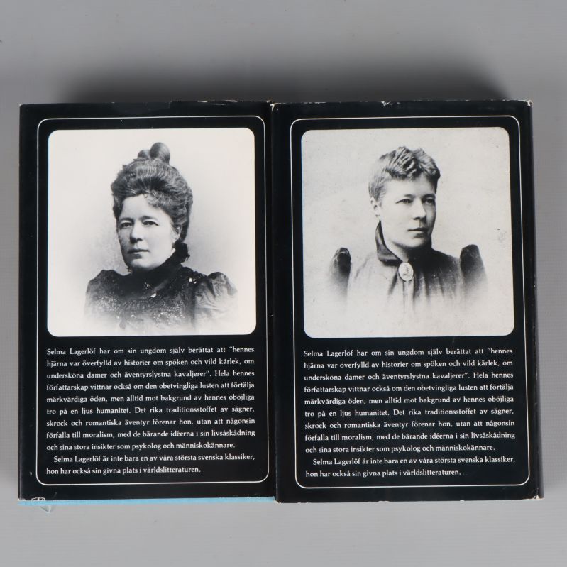 Baksida på båda böcker med porträtt av Selma Lagerlöf
