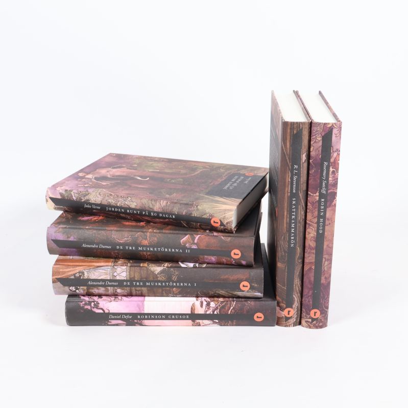 Sex utvalda böcker från Klassikerserien Repris staplade och stående