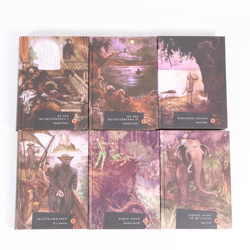 Översiktsvy över sex böcker med illustrerade omslag liggande